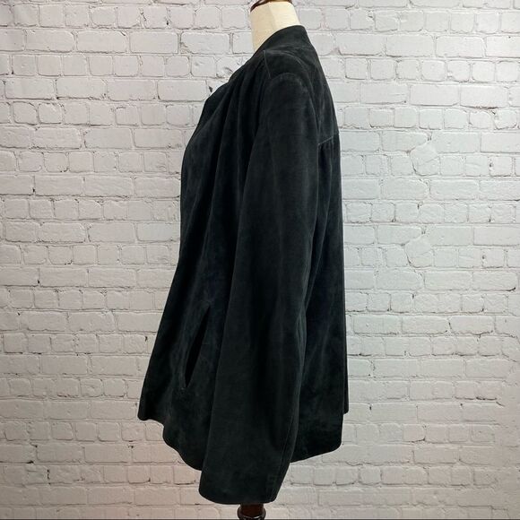 Vintage 90s Artpel Genuine Suede Leather Open Front Black Blazer Jacket Large - Picture 8 of 11